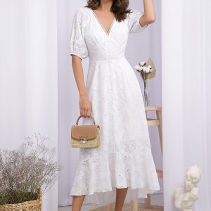 Біле плаття з прошви з подовженим воланом | 46427