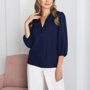 Блуза з оборками на комірі темно-синя | 50120