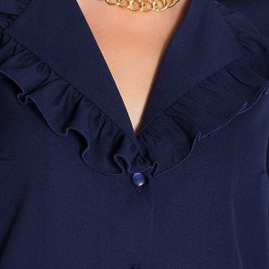 Блуза з оборками на комірі темно-синя | 50120