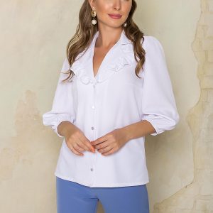 Блуза з оборками на комірі біла | 50130