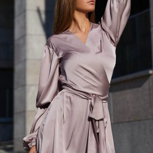 Шовкова сукня на запах бежево-рожева | 50580