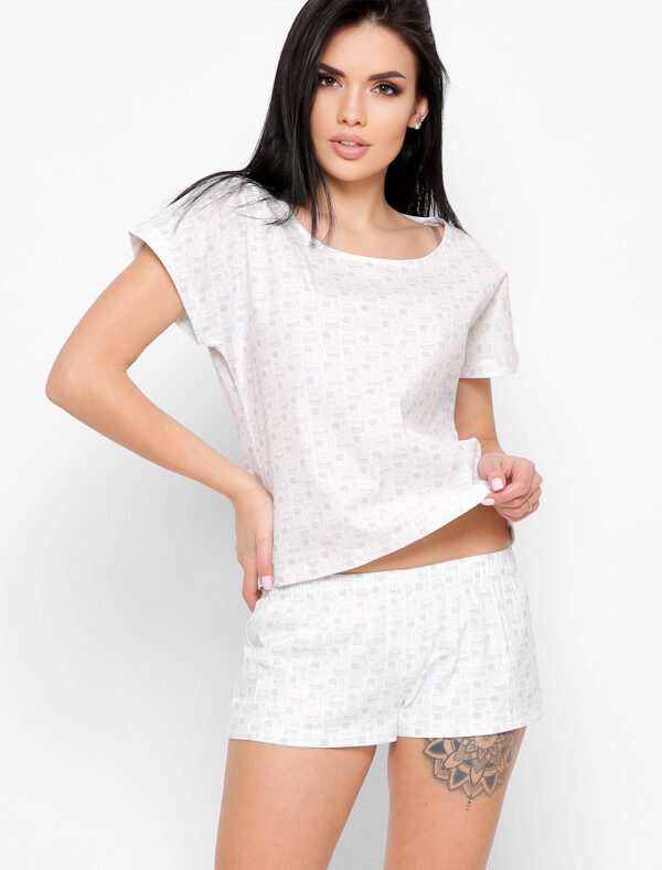 Піжамний костюм в принт білий-м'ята | 56454