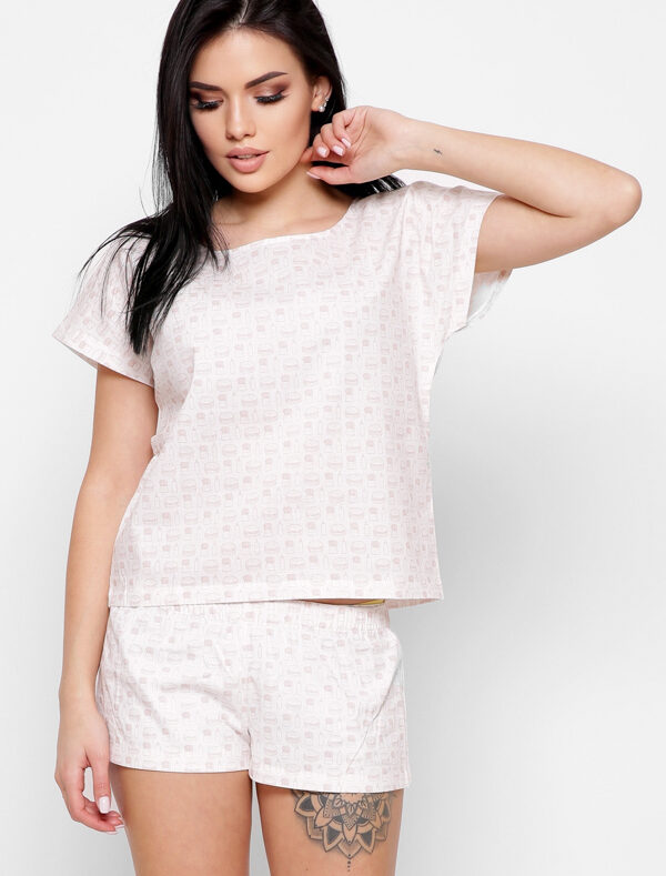 Піжамний костюм в принт білий-персик | 56437