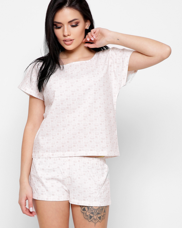 Піжамний костюм в принт білий-персик | 56437