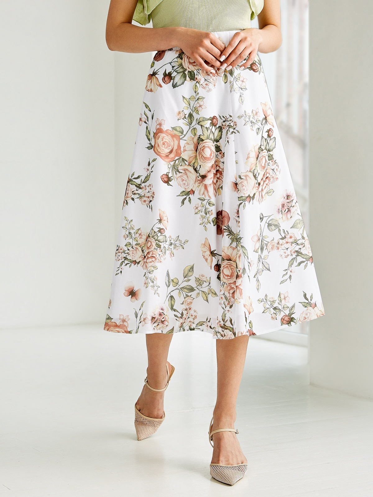 Біла спідниця-міді квітковий принт | 56997 Біла спідниця-міді квітковий принт | 56997