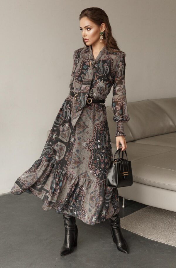 Сукня хакі із принтованого шифону | 61632