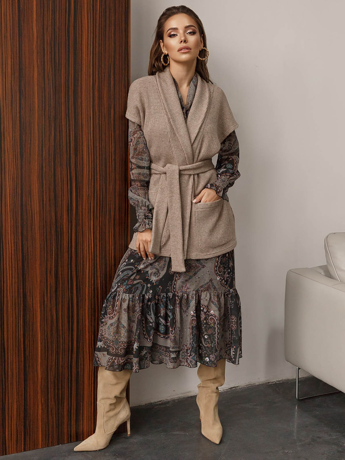 Сукня хакі із принтованого шифону | 61632 Сукня хакі із принтованого шифону | 61632