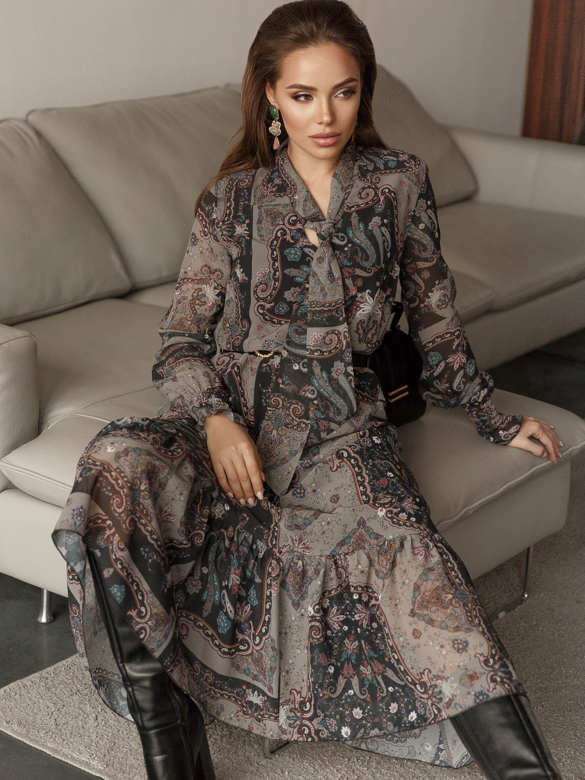 Сукня хакі із принтованого шифону | 61632 Сукня хакі із принтованого шифону | 61632