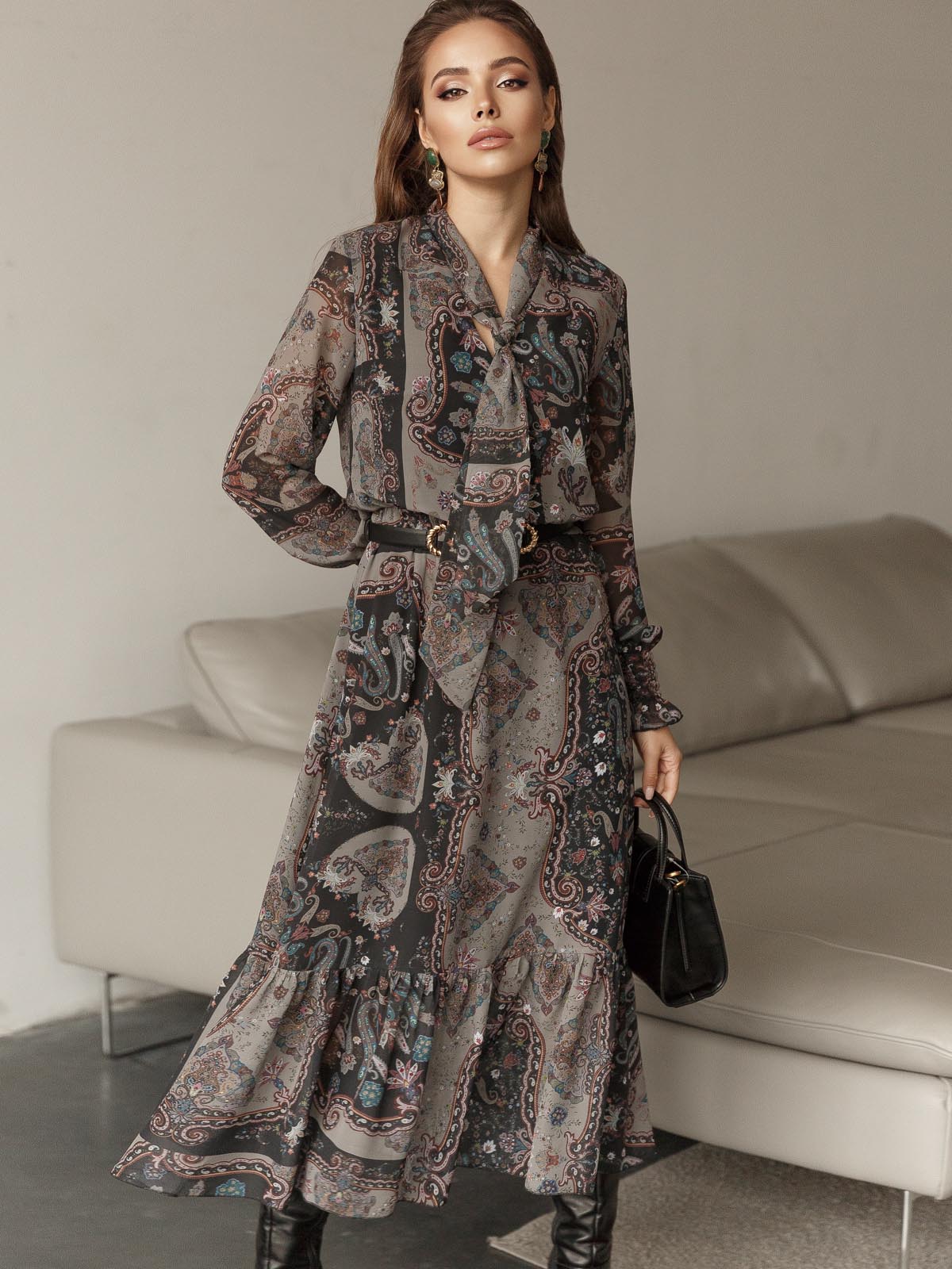 Сукня хакі із принтованого шифону | 61632 Сукня хакі із принтованого шифону | 61632