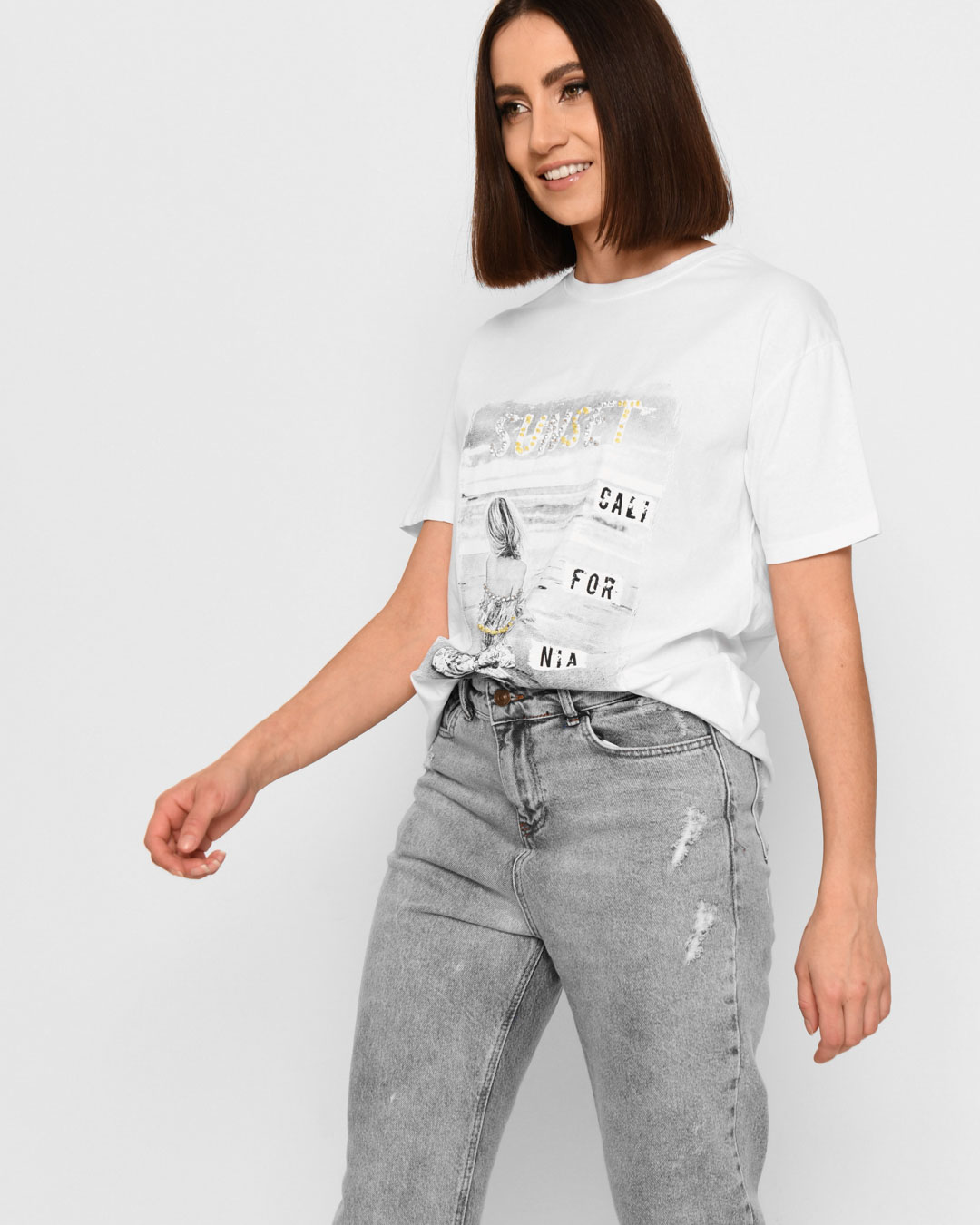 Бавовняна біла футболка з принтом | 64823 Бавовняна біла футболка з принтом | 64823