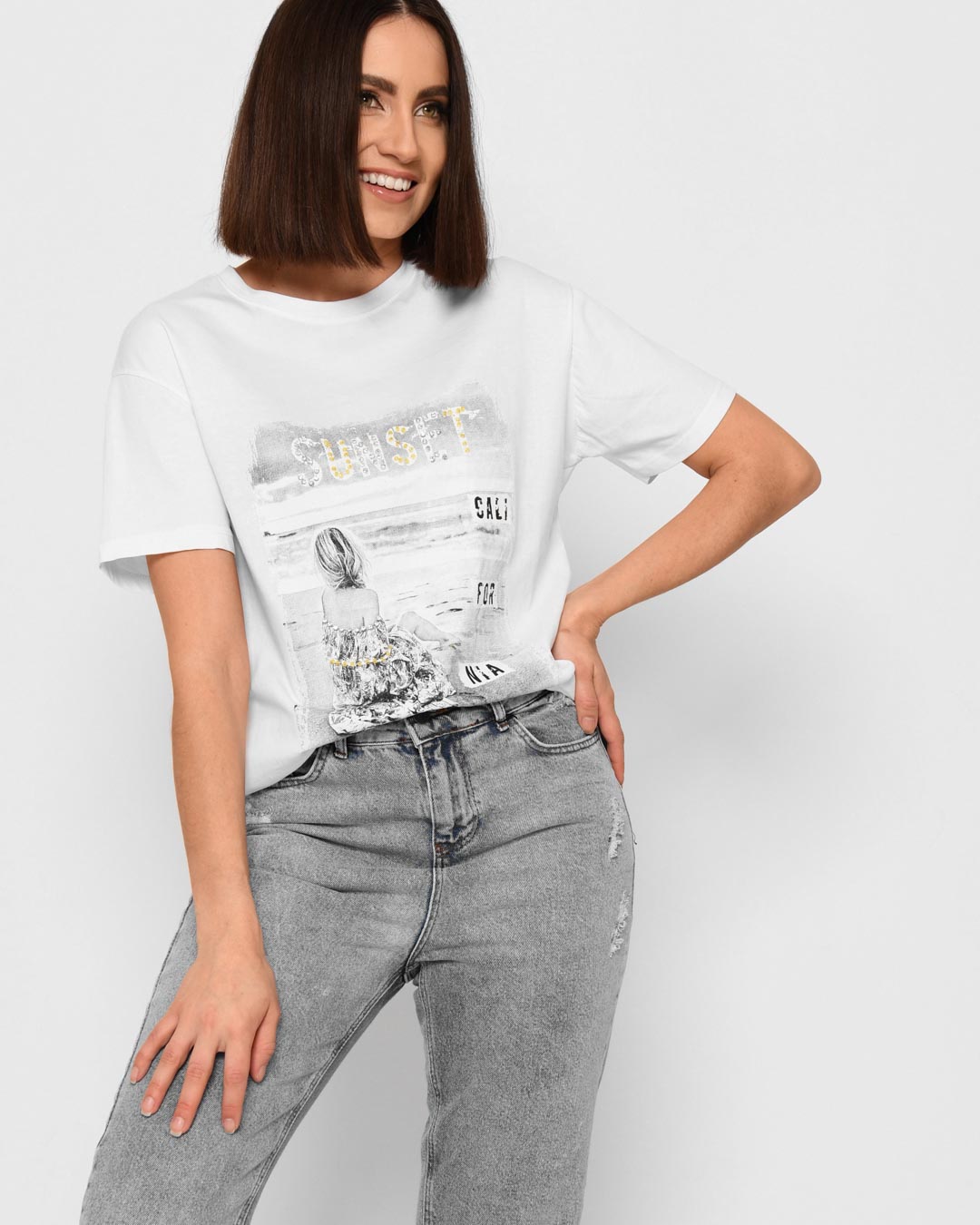 Бавовняна біла футболка з принтом | 64823 Бавовняна біла футболка з принтом | 64823