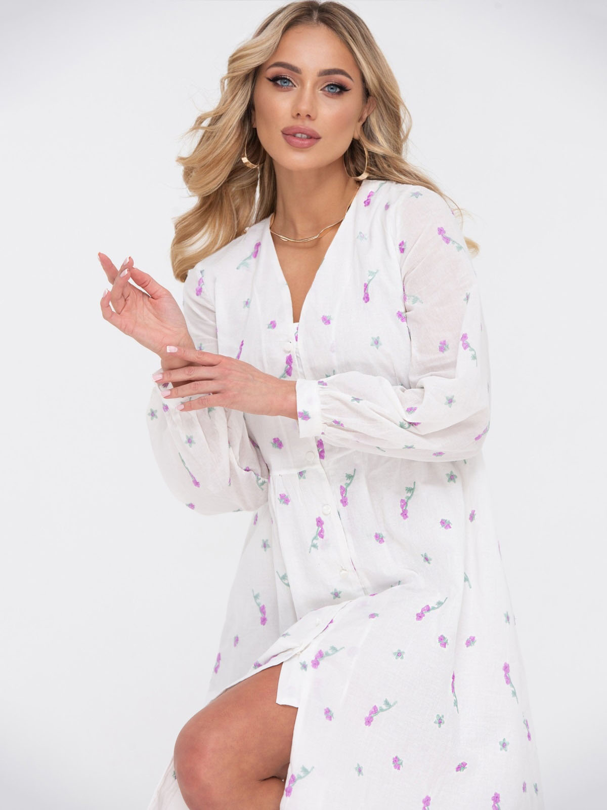 Сукня молочна з бузковою вишивкою | 65101