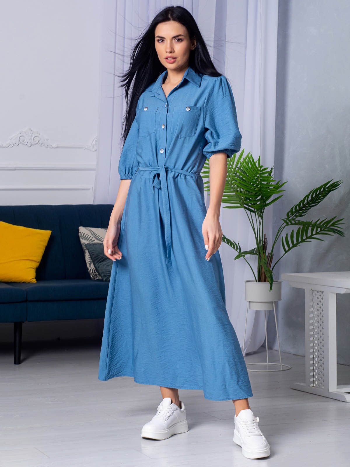 Літнє плаття-сорочка з льону блакитне | 66622 Літнє плаття-сорочка з льону блакитне | 66622