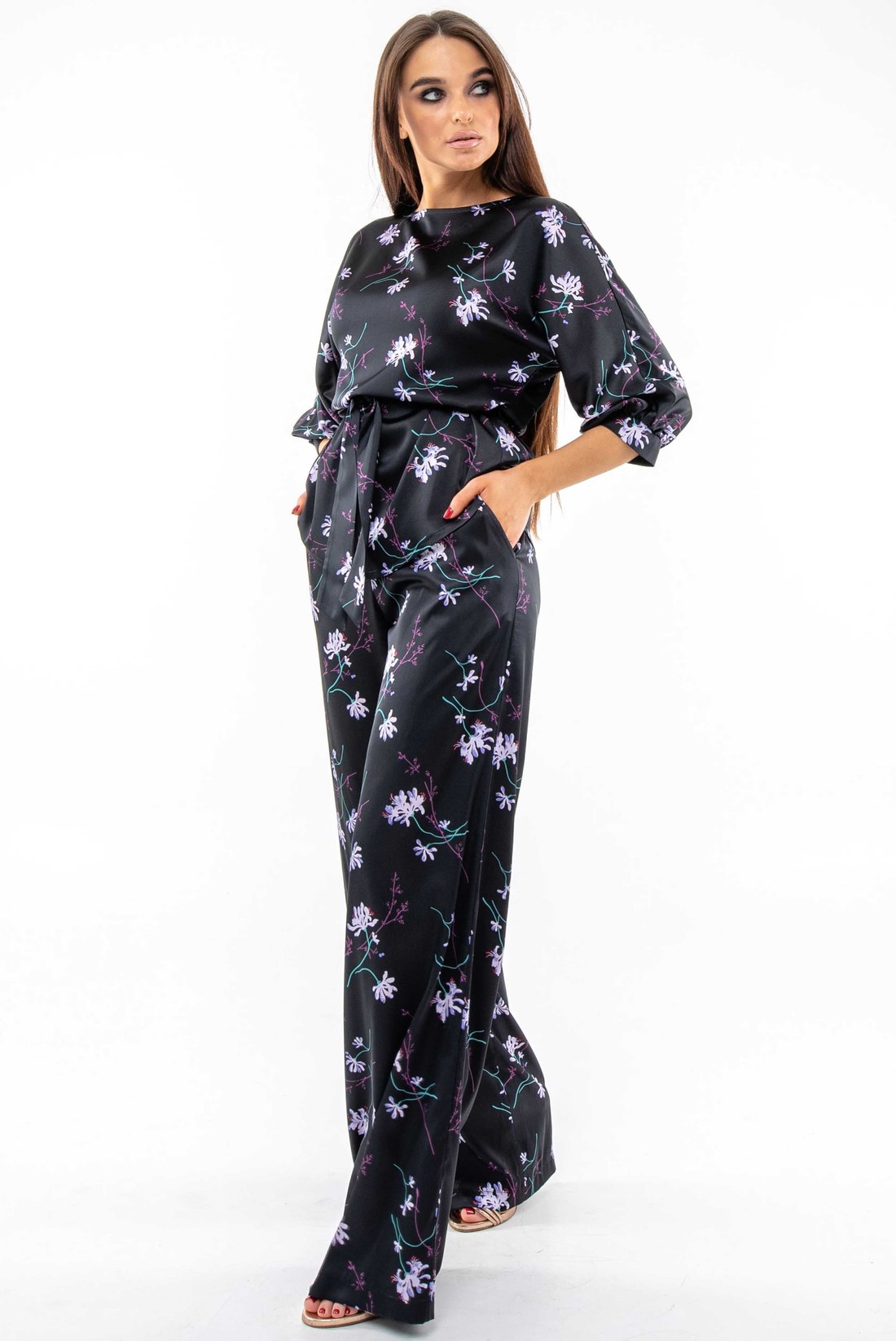 Шовкові штани чорні в принт вільного крою | 66487 Шовкові штани чорні в принт вільного крою | 66487