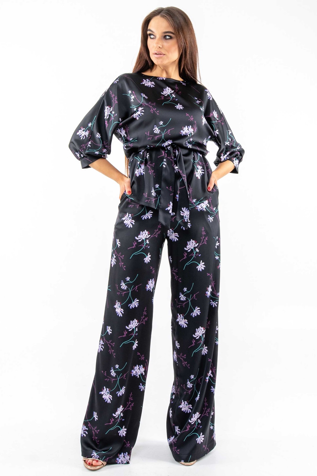 Шовкові штани чорні в принт вільного крою | 66487 Шовкові штани чорні в принт вільного крою | 66487