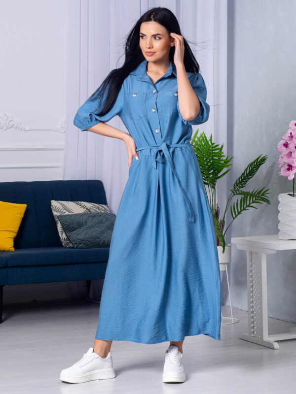 Літнє плаття-сорочка з льону блакитне | 66622