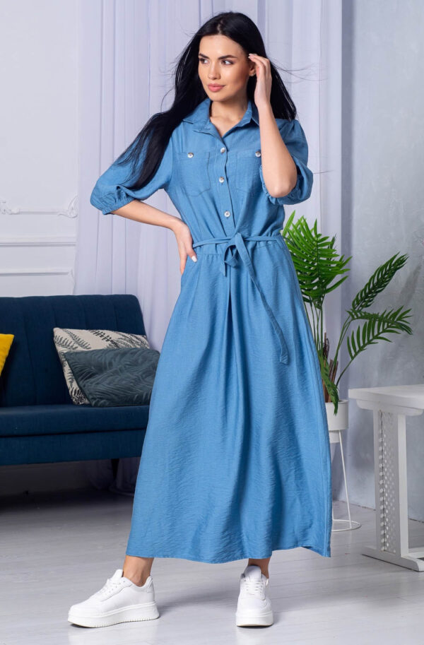 Літнє плаття-сорочка з льону блакитне | 66622