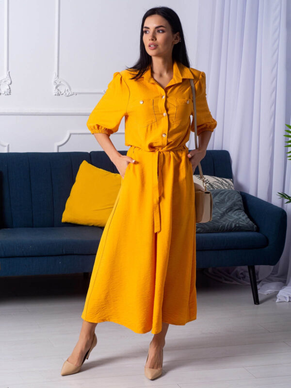 Літнє плаття-сорочка з льону жовте | 66634
