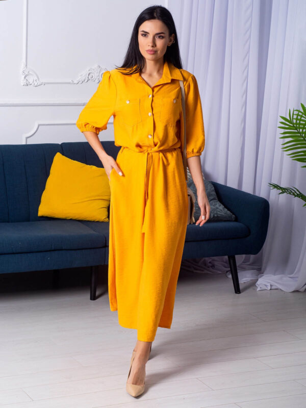 Літнє плаття-сорочка з льону жовте | 66634