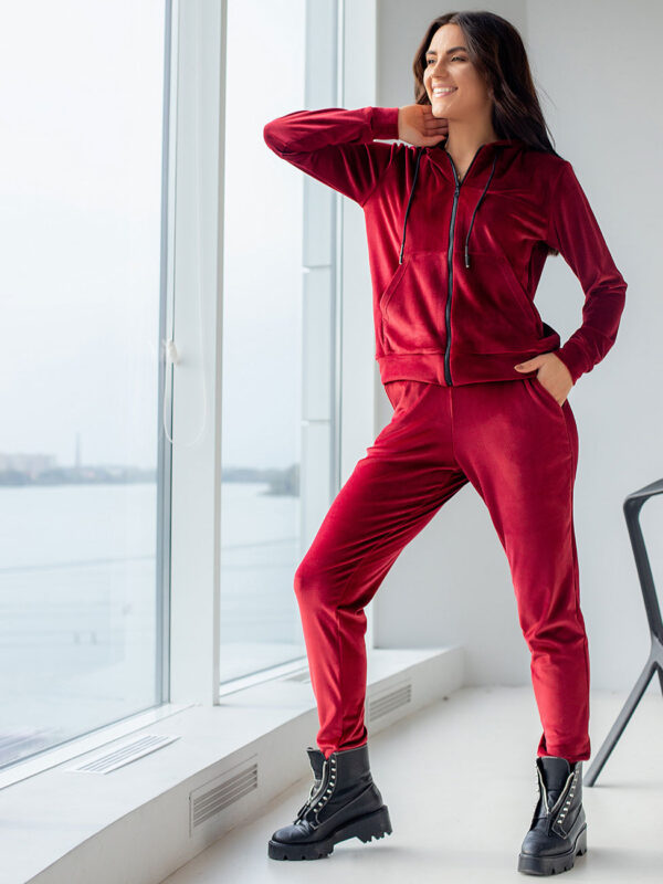 Червоний велюровий костюм кофта + штани | 65997