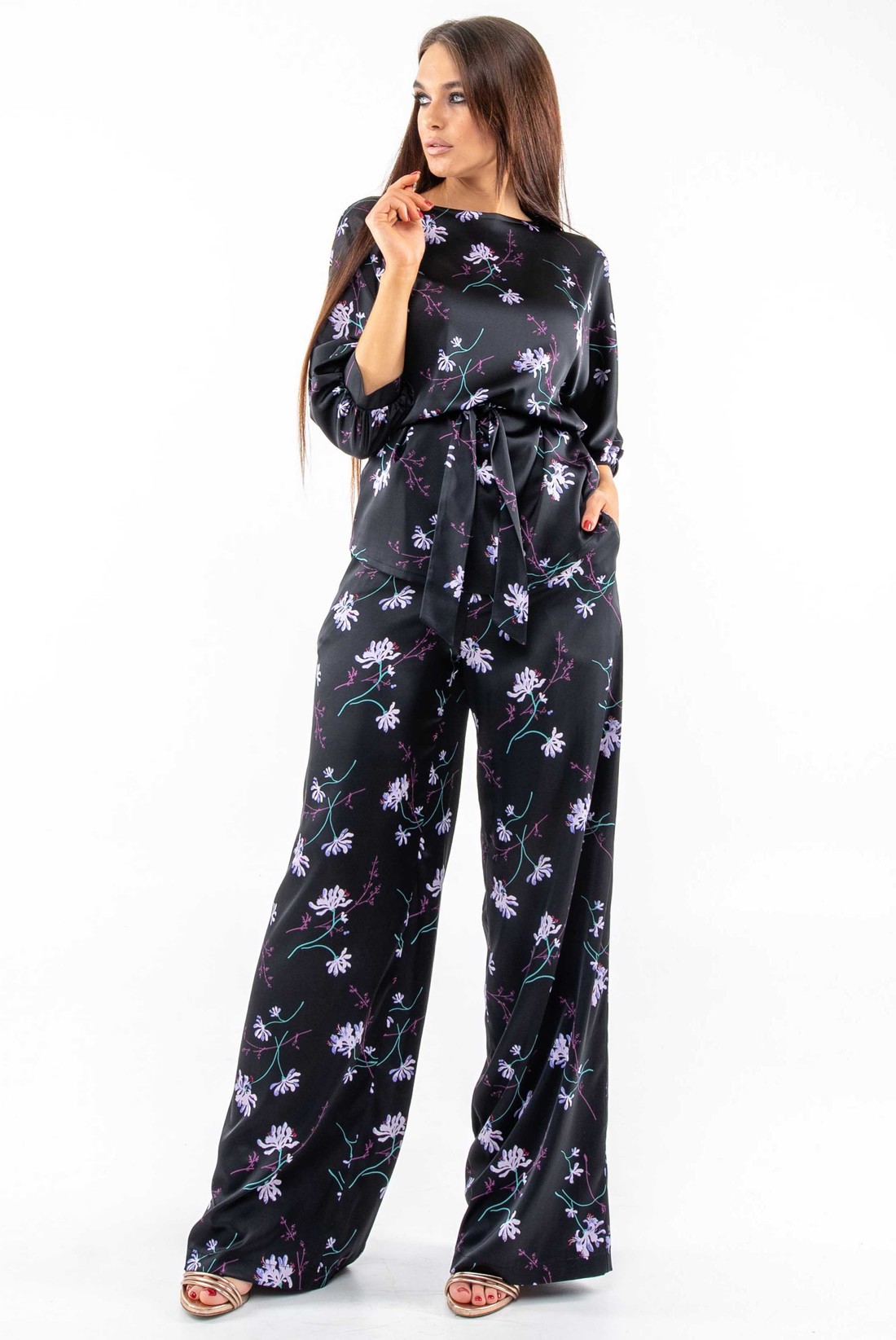 Шовкові штани чорні в принт вільного крою | 66487 Шовкові штани чорні в принт вільного крою | 66487