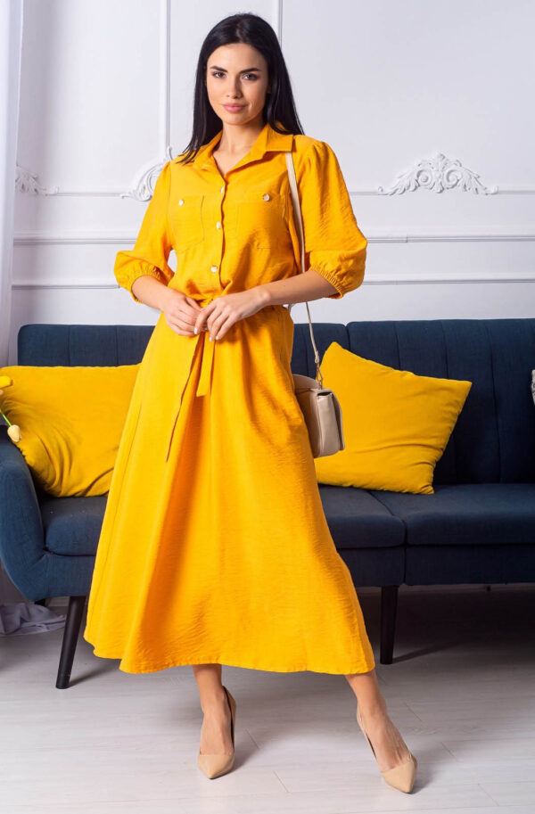 Літнє плаття-сорочка з льону жовте | 66634