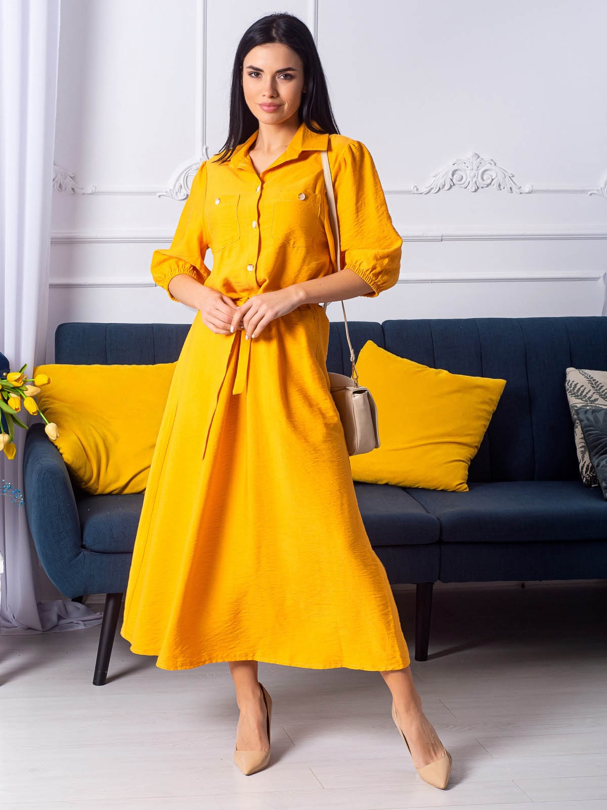 Літнє плаття-сорочка з льону жовте | 66634 Літнє плаття-сорочка з льону жовте | 66634