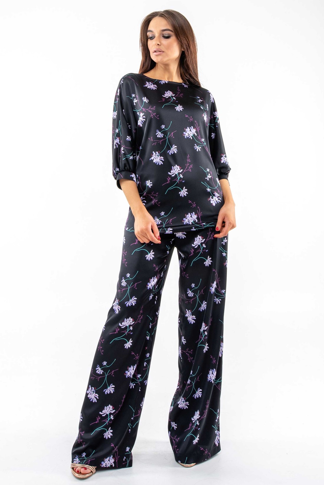 Шовкові штани чорні в принт вільного крою | 66487 Шовкові штани чорні в принт вільного крою | 66487