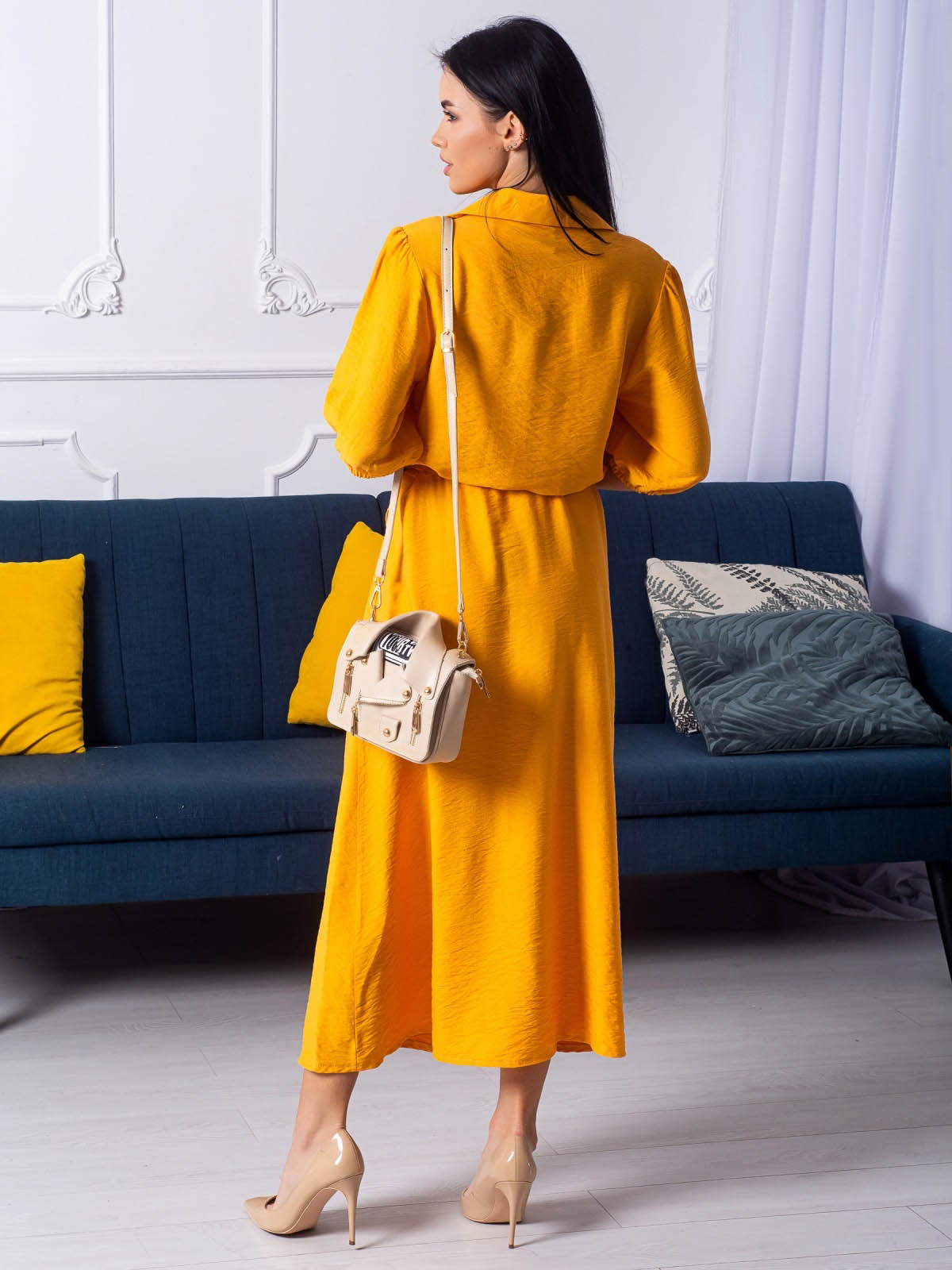 Літнє плаття-сорочка з льону жовте | 66634 Літнє плаття-сорочка з льону жовте | 66634