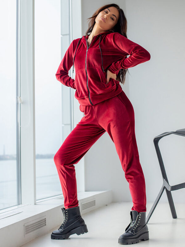 Червоний велюровий костюм кофта + штани | 65997