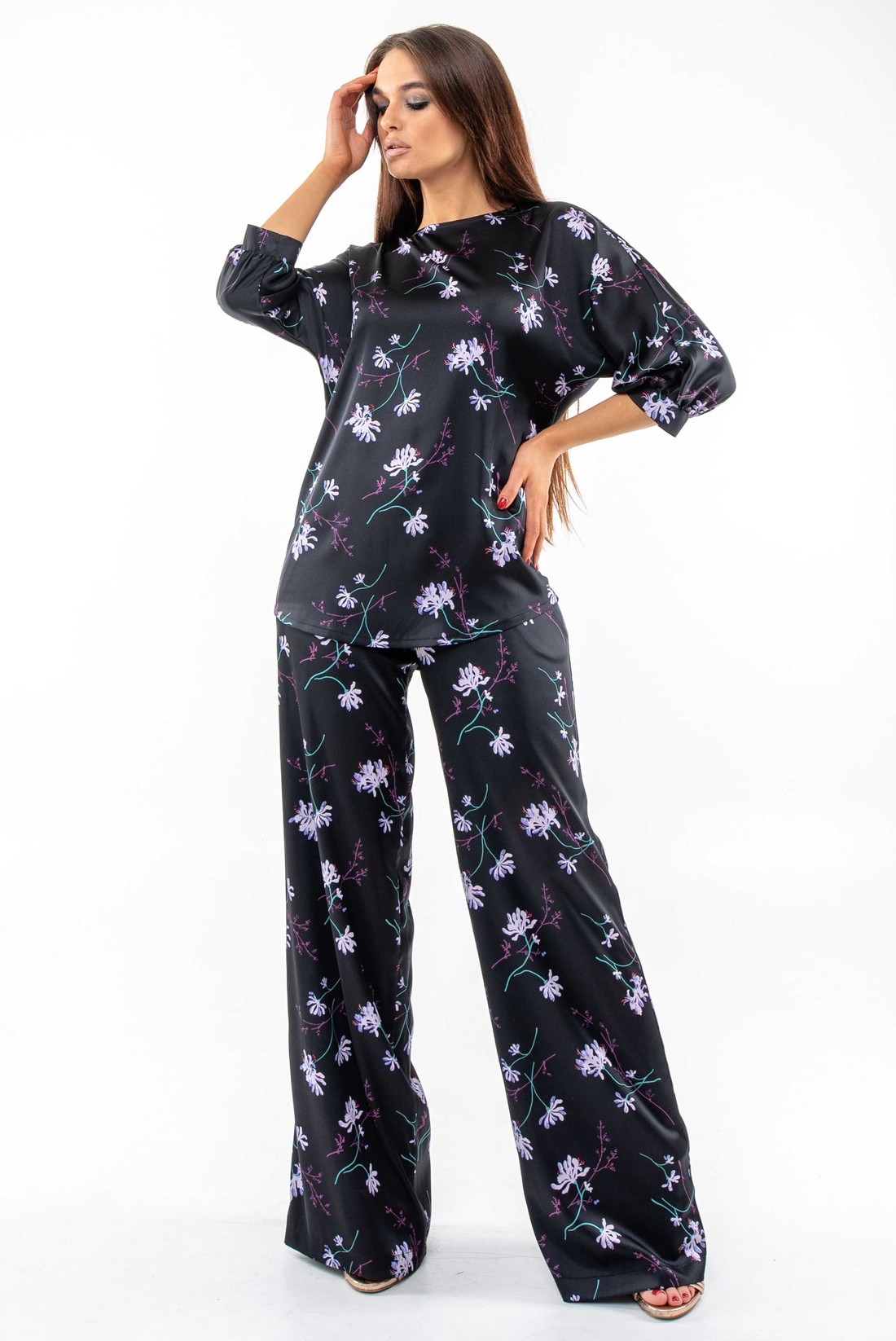 Шовкові штани чорні в принт вільного крою | 66487 Шовкові штани чорні в принт вільного крою | 66487