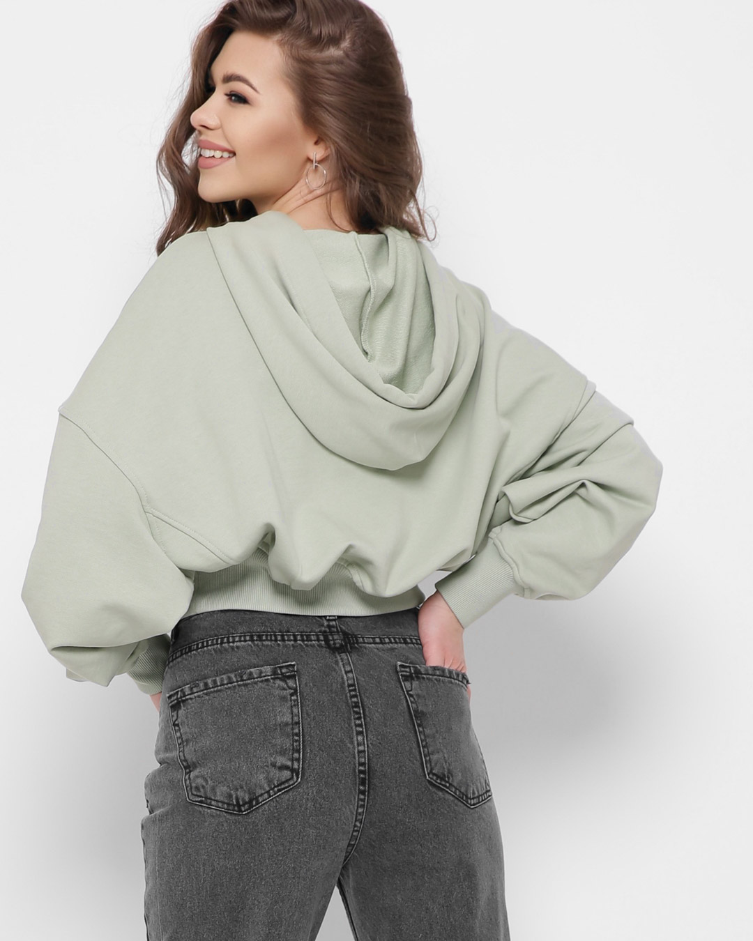 Стильне укорочене худі оверсайз м'ятне | 66384 Стильне укорочене худі оверсайз м'ятне | 66384