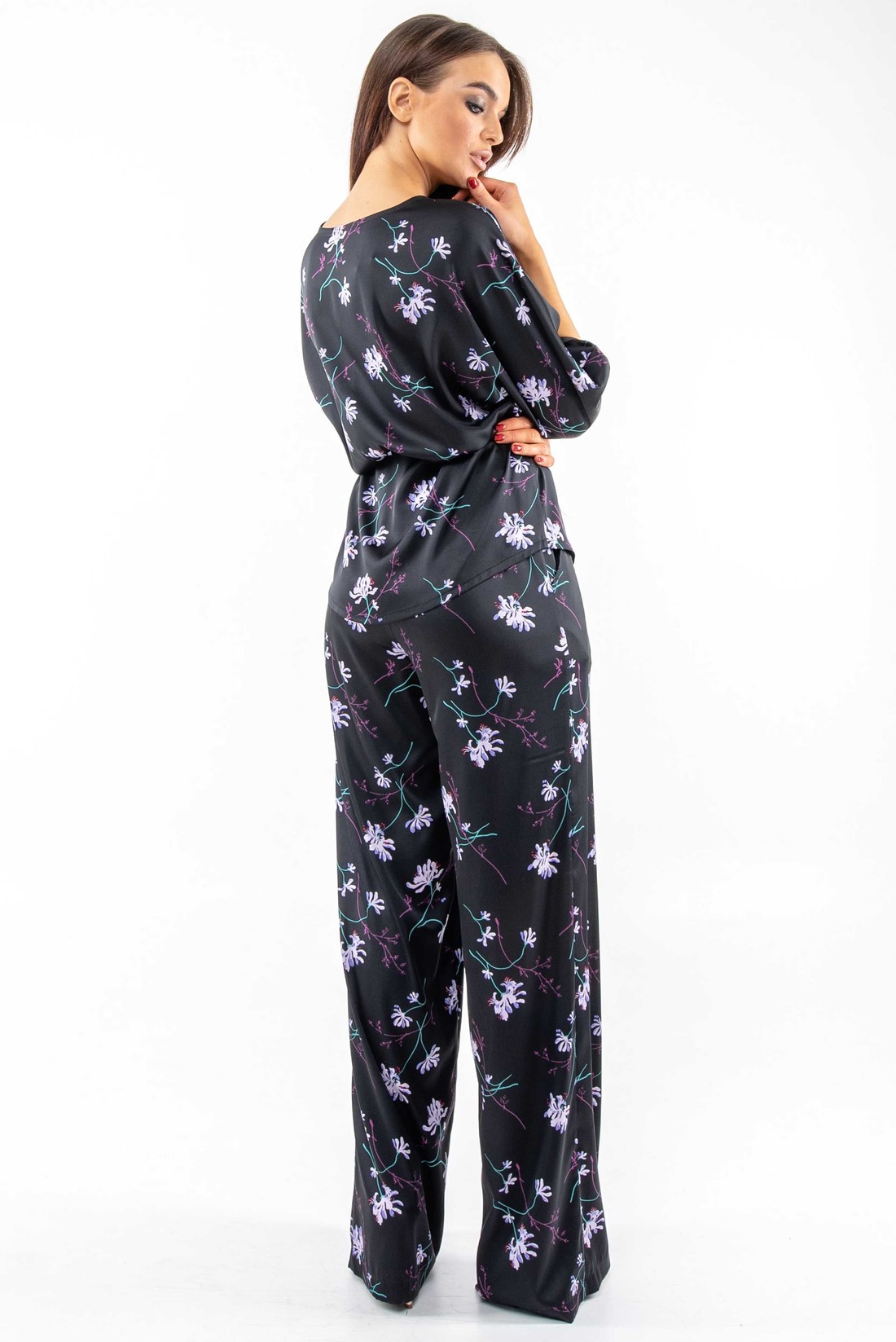 Шовкові штани чорні в принт вільного крою | 66487 Шовкові штани чорні в принт вільного крою | 66487