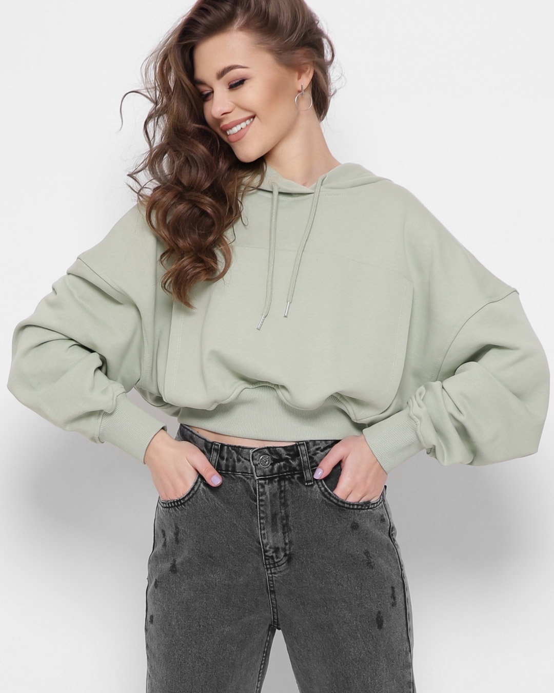Стильне укорочене худі оверсайз м'ятне | 66384 Стильне укорочене худі оверсайз м'ятне | 66384