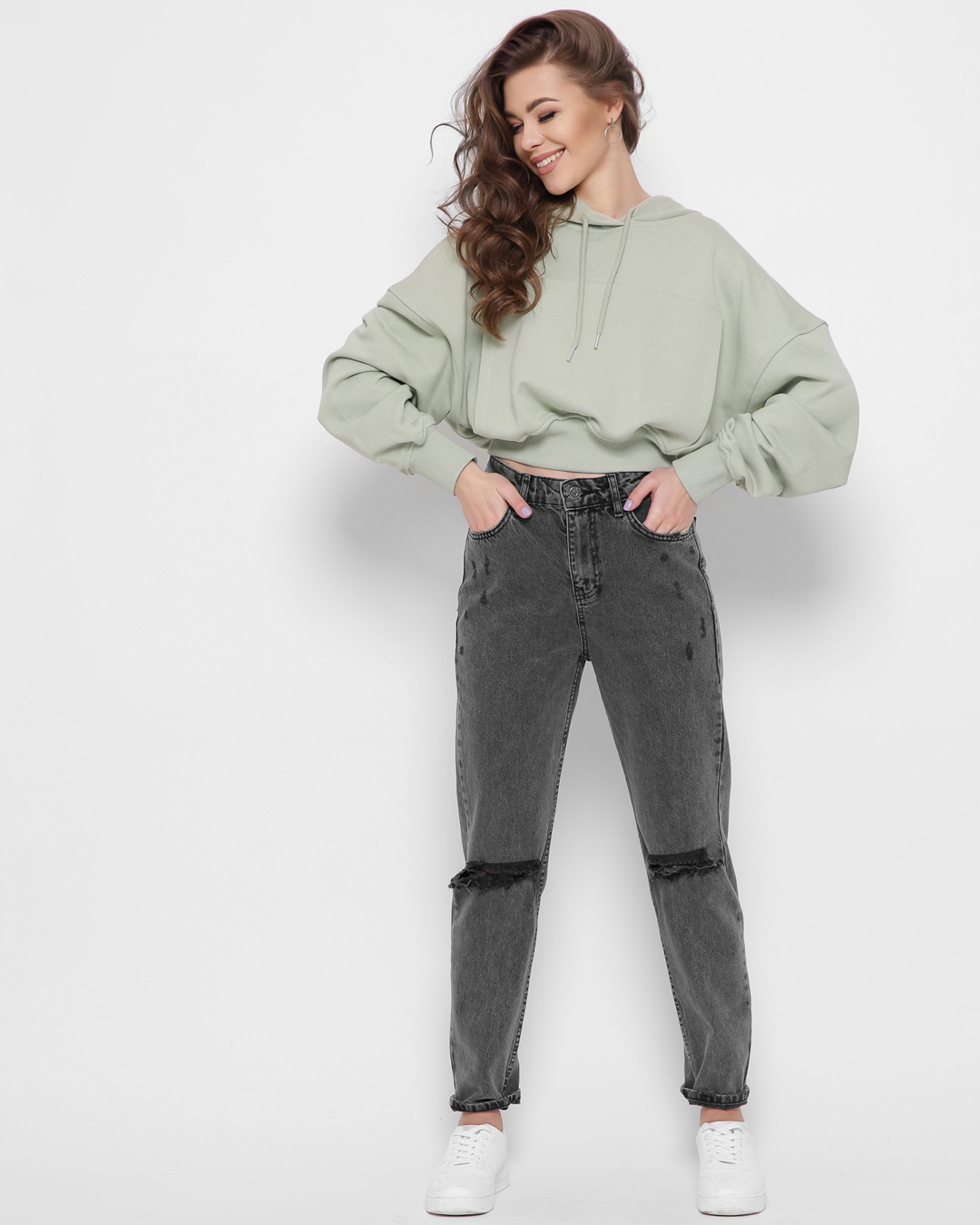 Стильне укорочене худі оверсайз м'ятне | 66384 Стильне укорочене худі оверсайз м'ятне | 66384