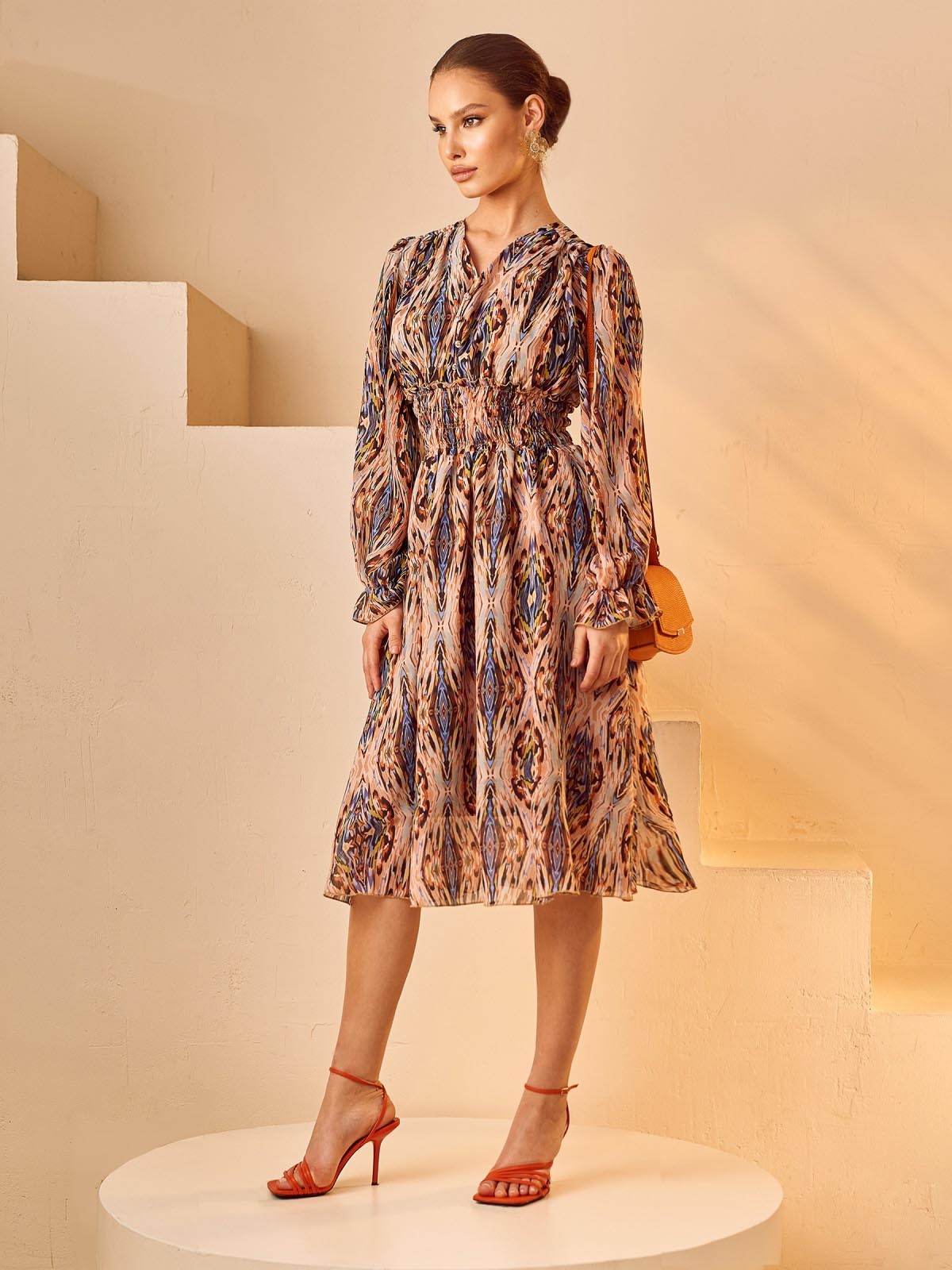 Сукня помаранчева принтована з шифону | 65648 Сукня помаранчева принтована з шифону | 65648