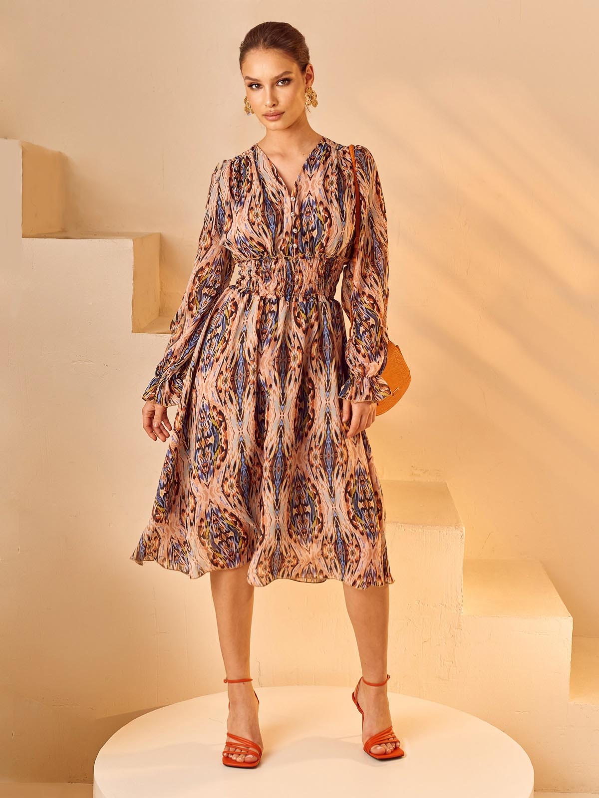 Сукня помаранчева принтована з шифону | 65648 Сукня помаранчева принтована з шифону | 65648