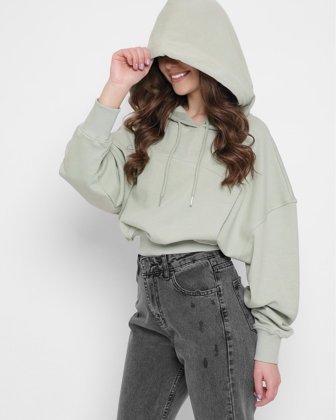 Стильне укорочене худі оверсайз м'ятне | 66384 Стильне укорочене худі оверсайз м'ятне | 66384