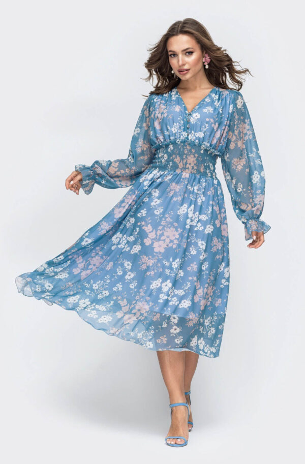 Сукня блакитна принтована з шифону | 65563