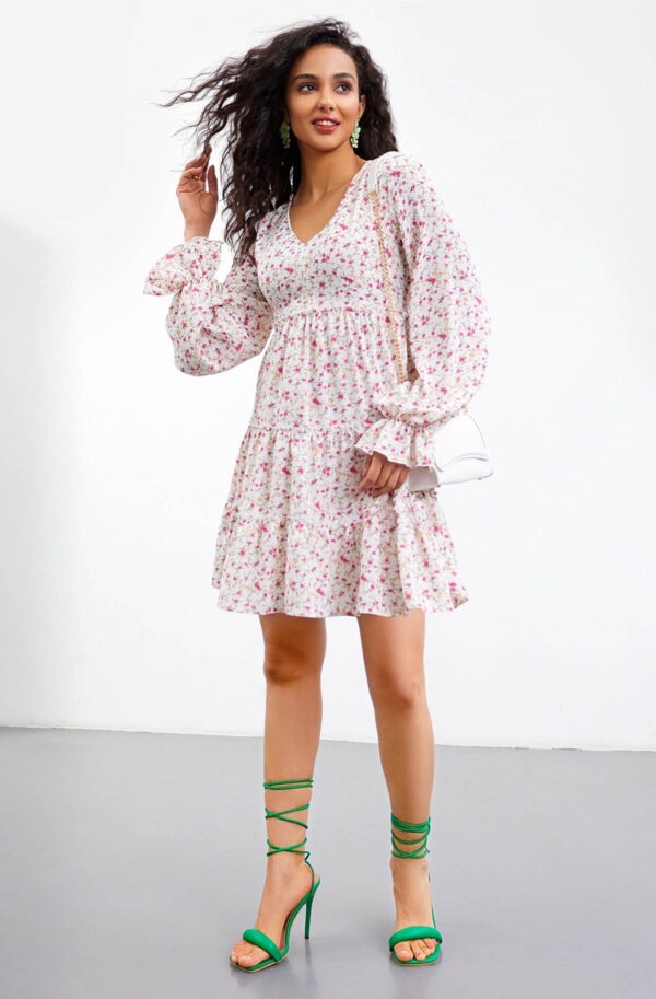 Плаття-трапеція білий принт з V-вирізом | 66845