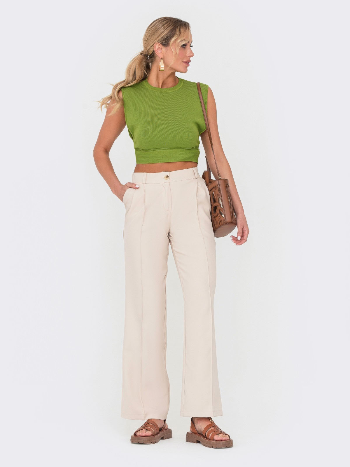 Широкі штани бежеві із завищеною талією | 67993