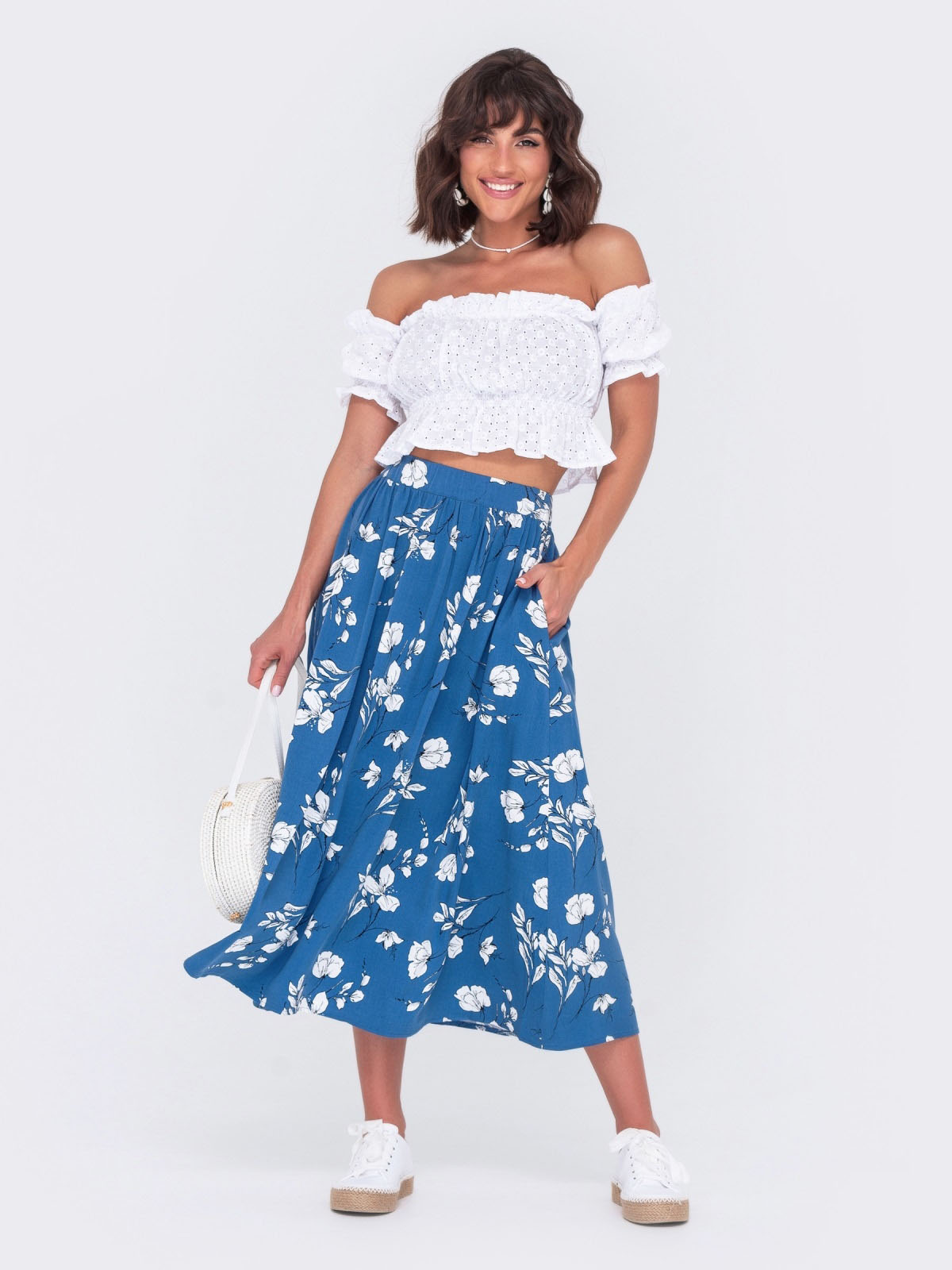 Костюм топ та спідниця-кльош синьо-білий | 67924 Костюм топ та спідниця-кльош синьо-білий | 67924