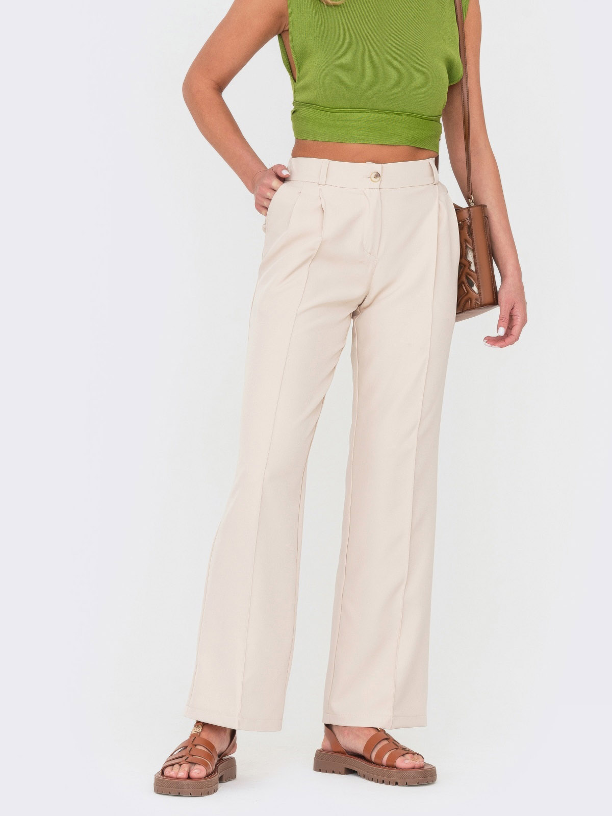 Широкі штани бежеві із завищеною талією | 67993