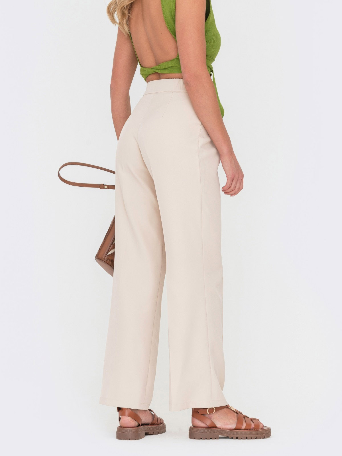 Широкі штани бежеві із завищеною талією | 67993