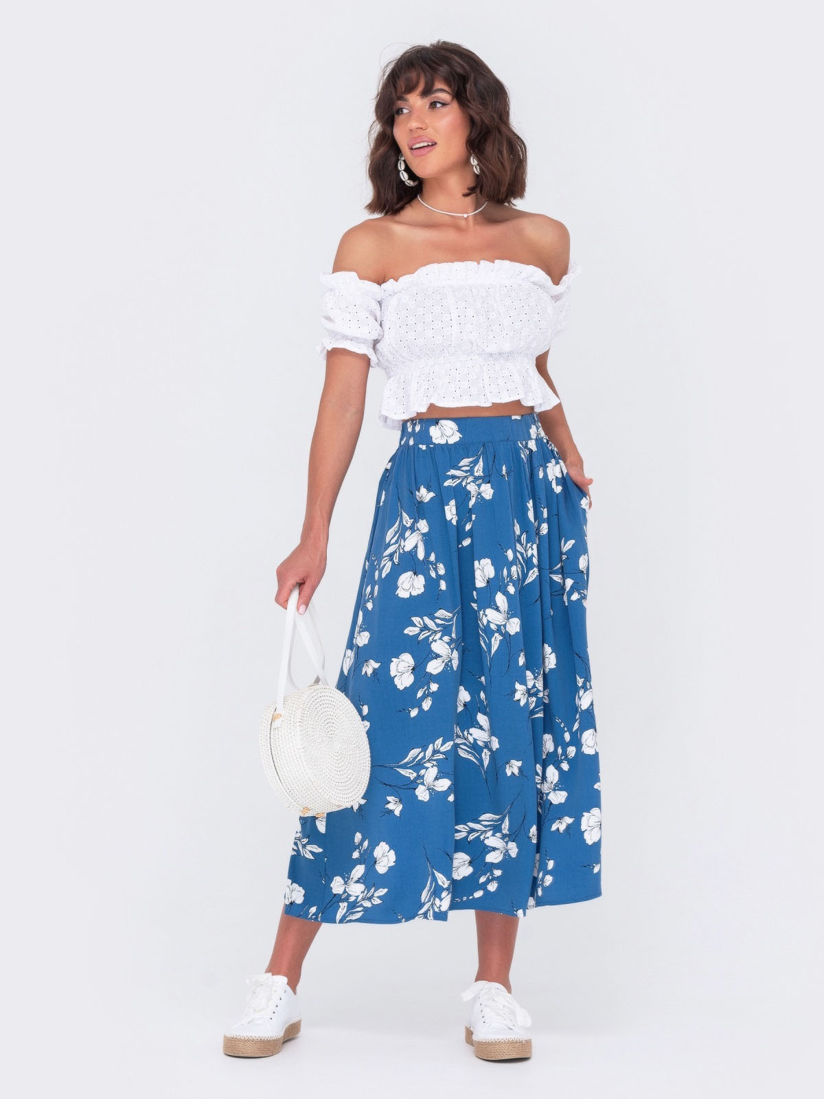 Костюм топ та спідниця-кльош синьо-білий | 67924 Костюм топ та спідниця-кльош синьо-білий | 67924