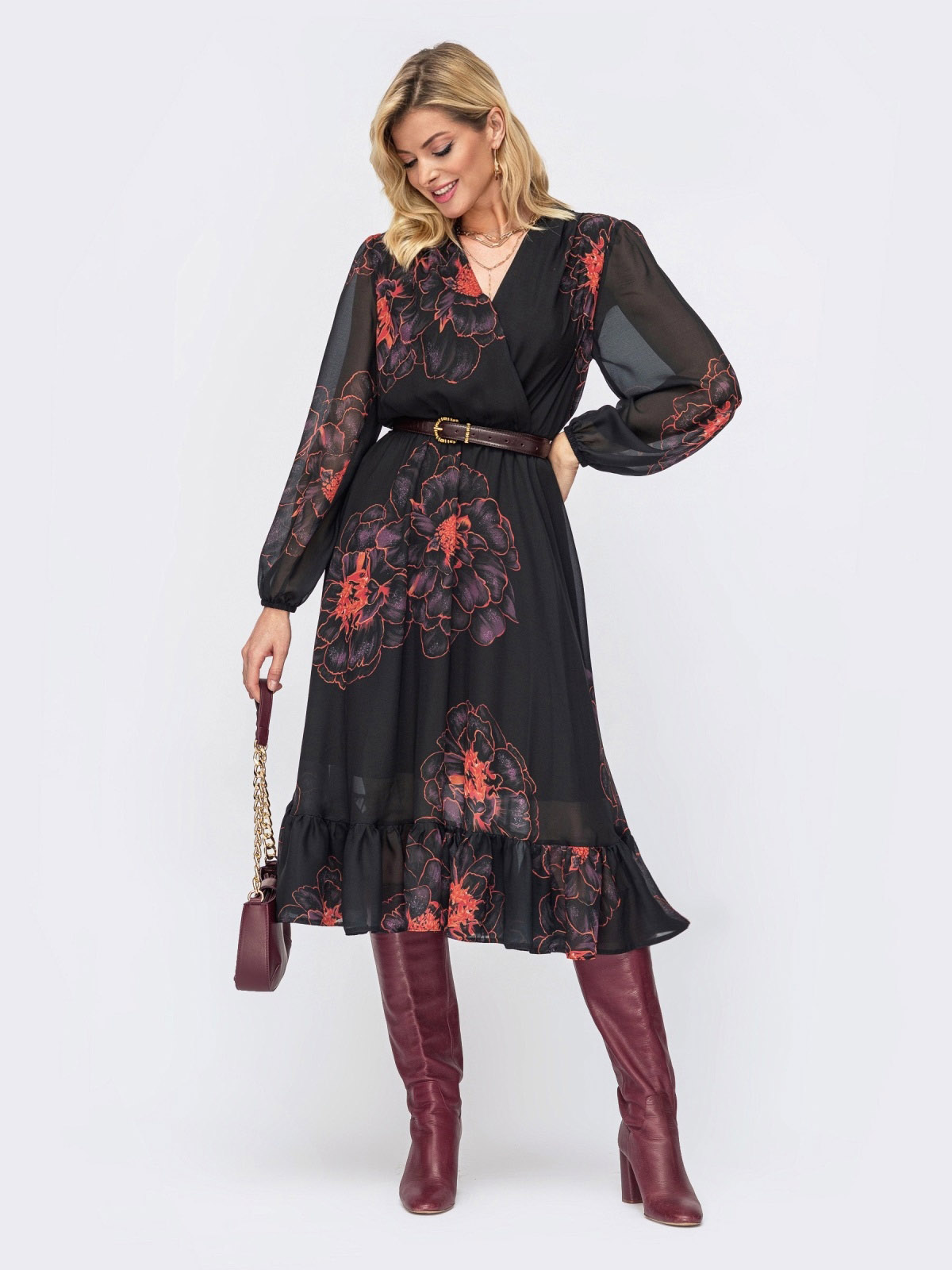 Чорна сукня в принт зі спідницею-кльош | 69305 Чорна сукня в принт зі спідницею-кльош | 69305