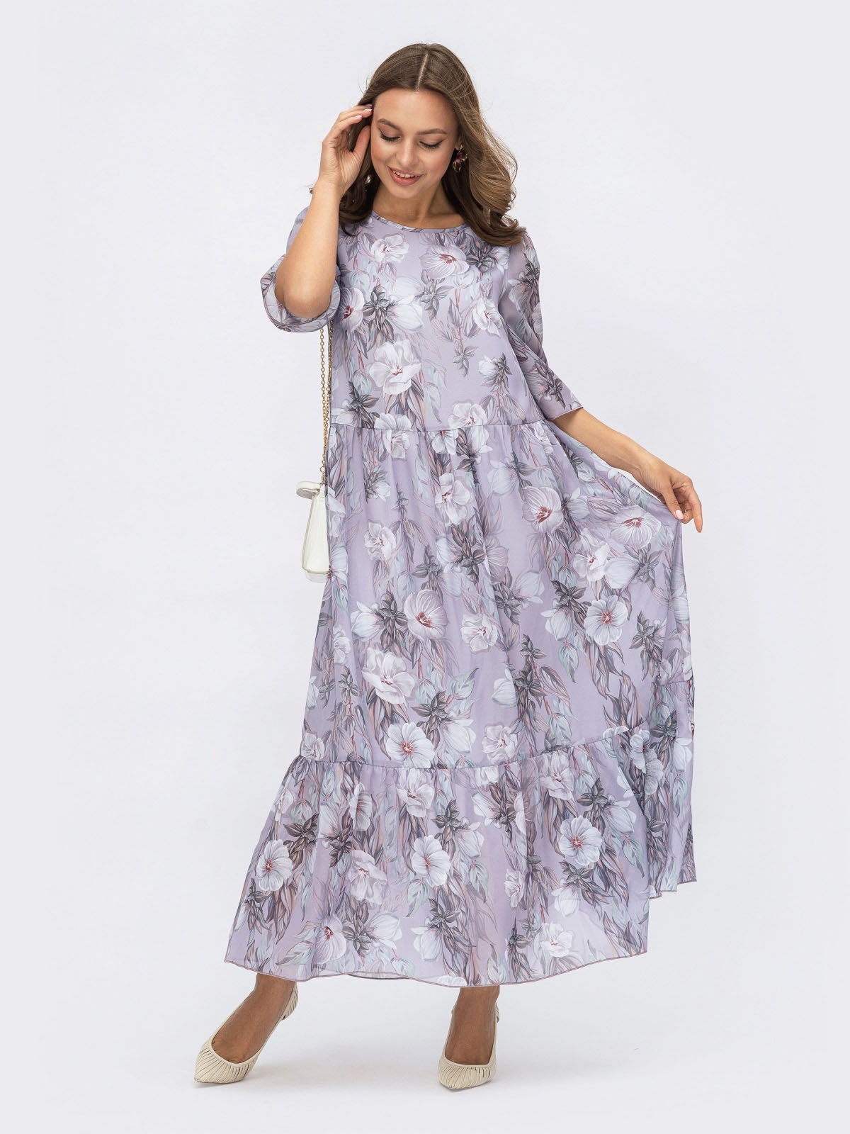 Шифонове плаття-максі бузковий принт | 68759 Шифонове плаття-максі бузковий принт | 68759