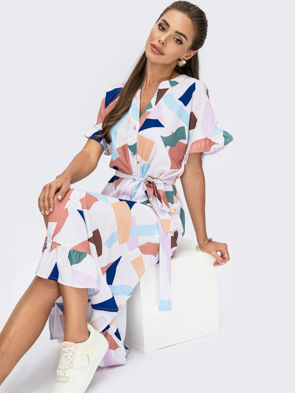 Принтована сукня біла з оборкою по низу | 69284