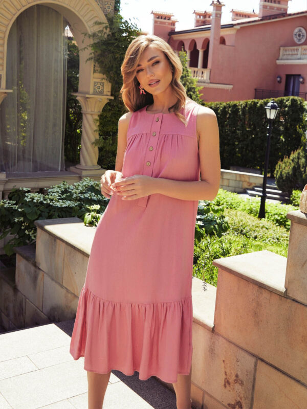 Літня льняна сукня-трапеція рожева | 68409