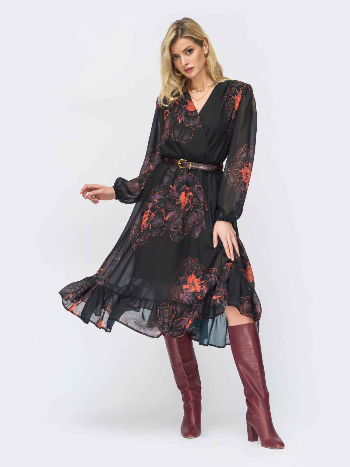 Чорна сукня в принт зі спідницею-кльош | 69305 Чорна сукня в принт зі спідницею-кльош | 69305